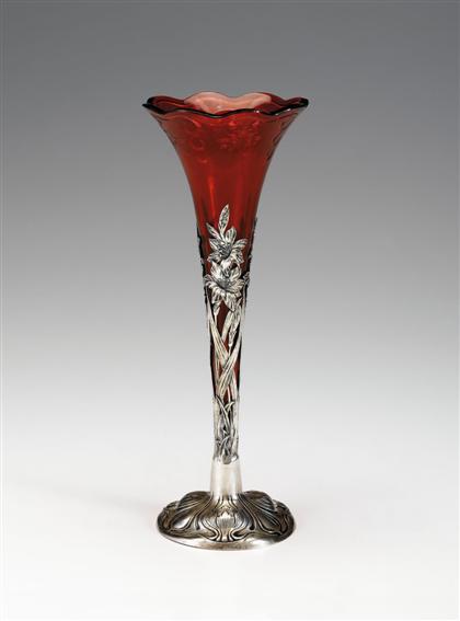 Appraisal: Gorham sterling silver and cranberry cut glass trumpet vase The