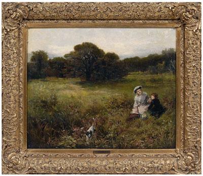 Appraisal: British School landscape painting woman and child with dog in