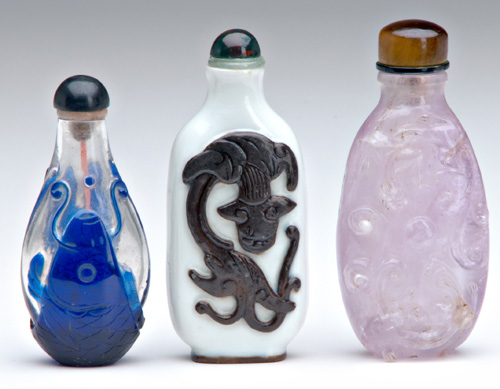 Appraisal: CHINESE SNUFF BOTTLES Three glass bottles th C blue cut