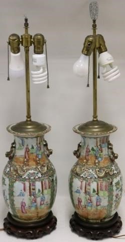 Appraisal: PAIR OF TH C ROSE MEDALLION VASES DRILLED ANDCONVERTED TO