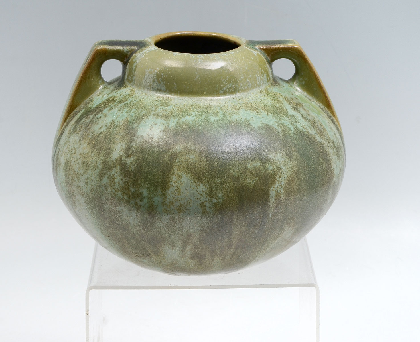 Appraisal: FULPER CRYSTALLINE GLAZE VASE Handled green crystalline glazed squat vase