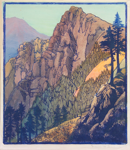 Appraisal: FRANCES GEARHART Color woodblock print of a western mountain scene