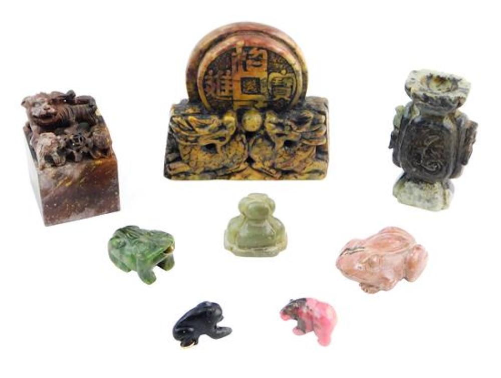 Appraisal: ASIAN Carved hardstone eight pieces including Chinese stone bookend with