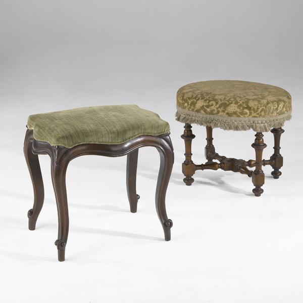 Appraisal: TWO ENGLISH FOOTSTOOLS Each with mahogany frames th C Larger