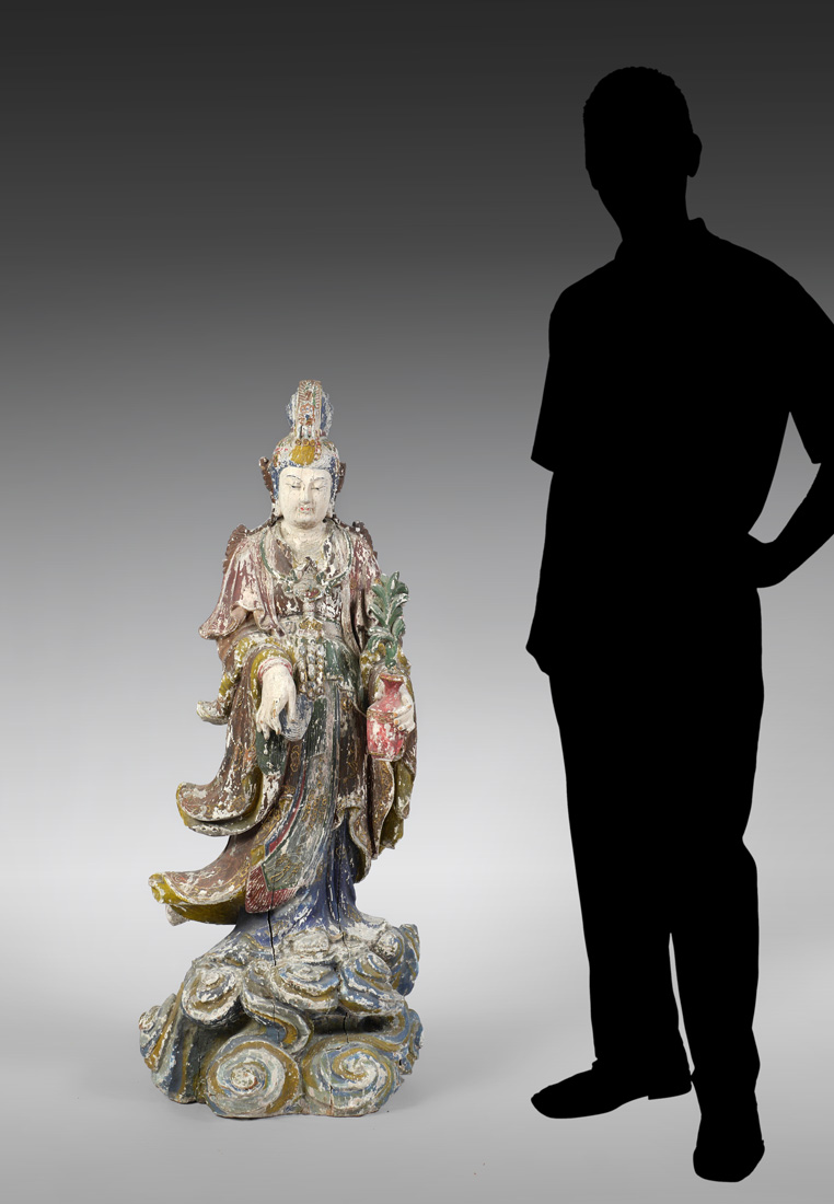 Appraisal: FOOT TALL CHINESE QING POLYCHROME CARVING OF GUANYIN Nicely detailed