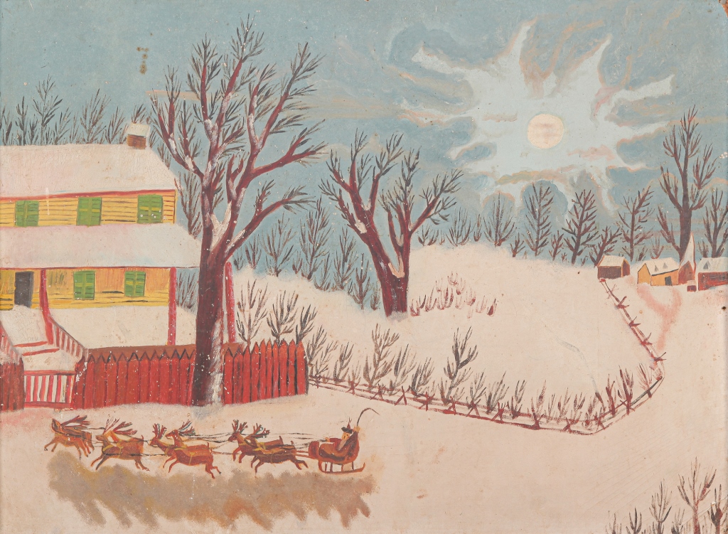 Appraisal: AMERICAN FOLKSY WINTER SCENE WITH SANTA CLAUS Late th century