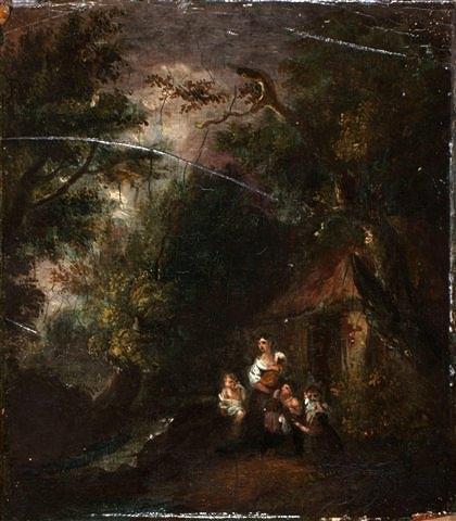 Appraisal: FOLLOWER OF THOMAS GAINSBOROUGHA family group seated outside a cottage