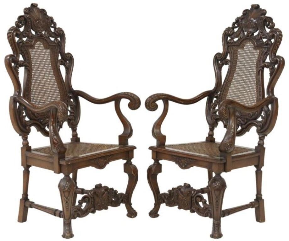 Appraisal: pair Baroque style heavily carved highback armchairs th c scrolling