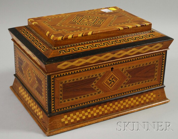 Appraisal: Parquetry-decorated Wooden Jewelry Box interior mirror and tray ht lg