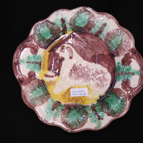 Appraisal: Majolica Pottery Cake Plate dog in center fern leaf border