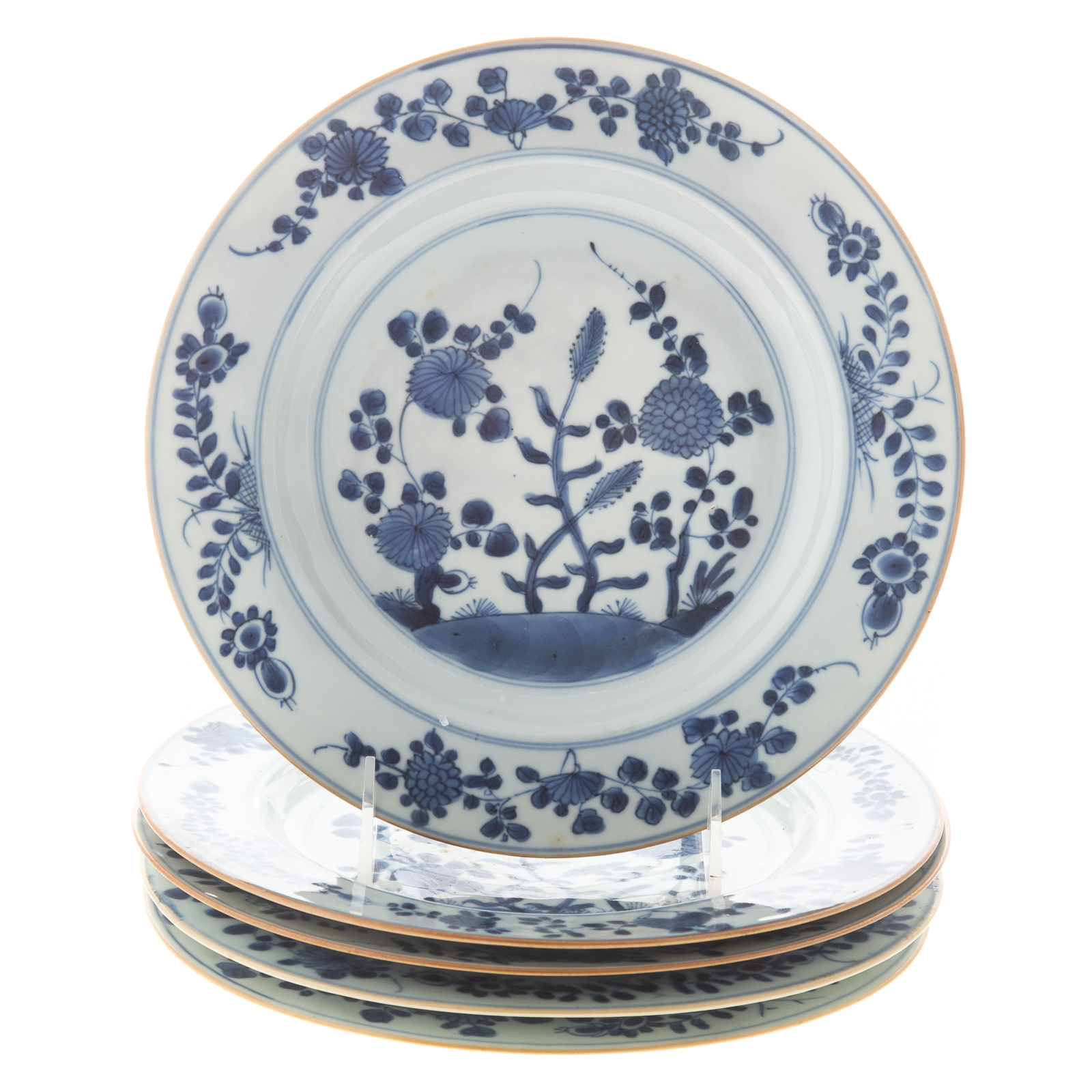 Appraisal: FIVE CHINESE EXPORT BLUE WHITE FLORAL PLATES Circa - having