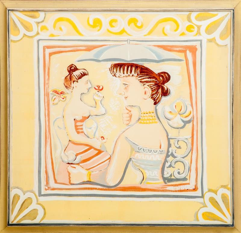 Appraisal: After Campigli Massimo Two Girls Under An Open Umbrella Silkscreen