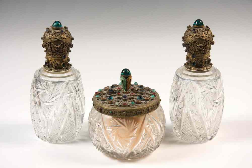 Appraisal: BEJEWELLED CUT CRYSTAL VANITY BOTTLES JAR - Vanity Set th