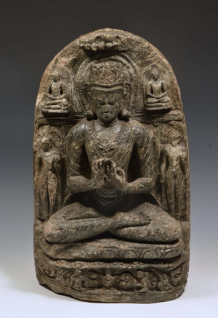 Appraisal: A PALA BLACK BASALT HIGH RELIEF STELE OF SEATED BUDDHA