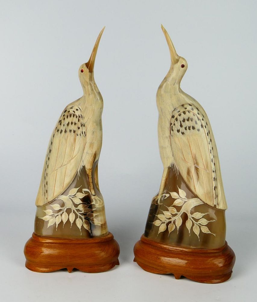 Appraisal: PAIR OF VINTAGE CARVED WATER BUFFALO HORN BIRDS Great detail