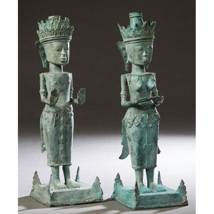 Appraisal: Pair of African Benin Bronze Figural Candlesticks th c of