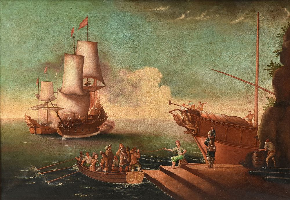 Appraisal: ITALIAN SCHOOL A PAINTING Galleons Line of Battle and Capture