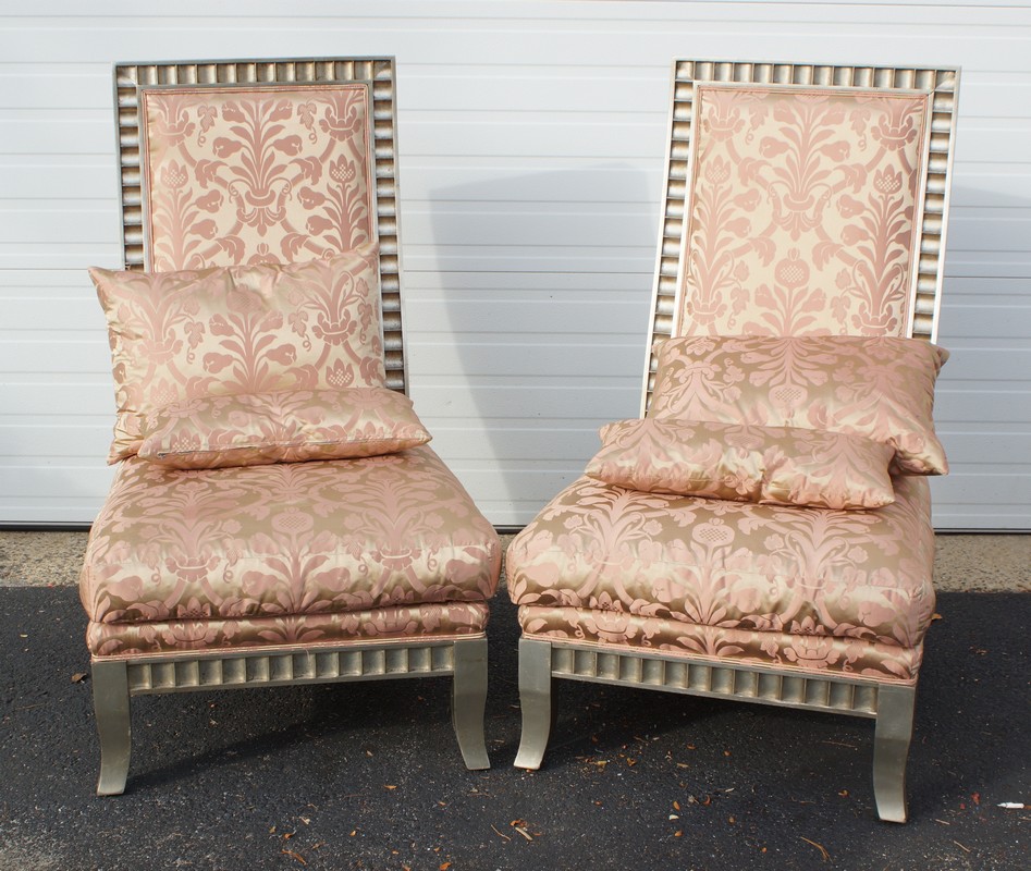 Appraisal: Pr Santorini silk upholstered high back side chairs silvered frames