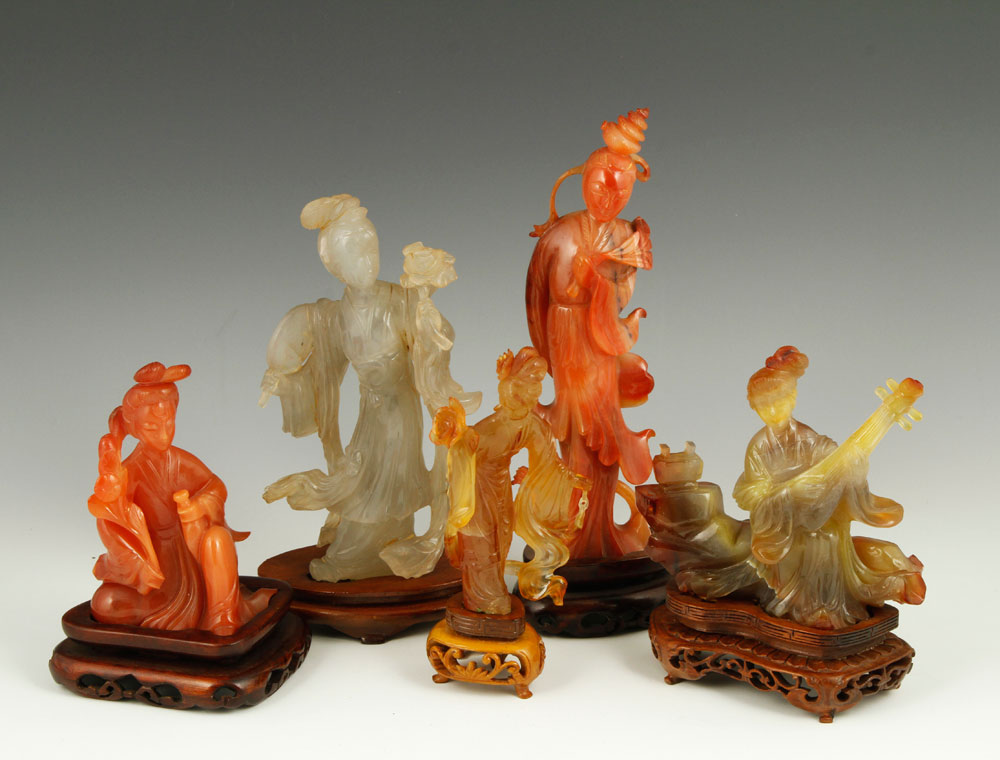 Appraisal: - Chinese Agate Figures of Guanyin Five carved agate figures