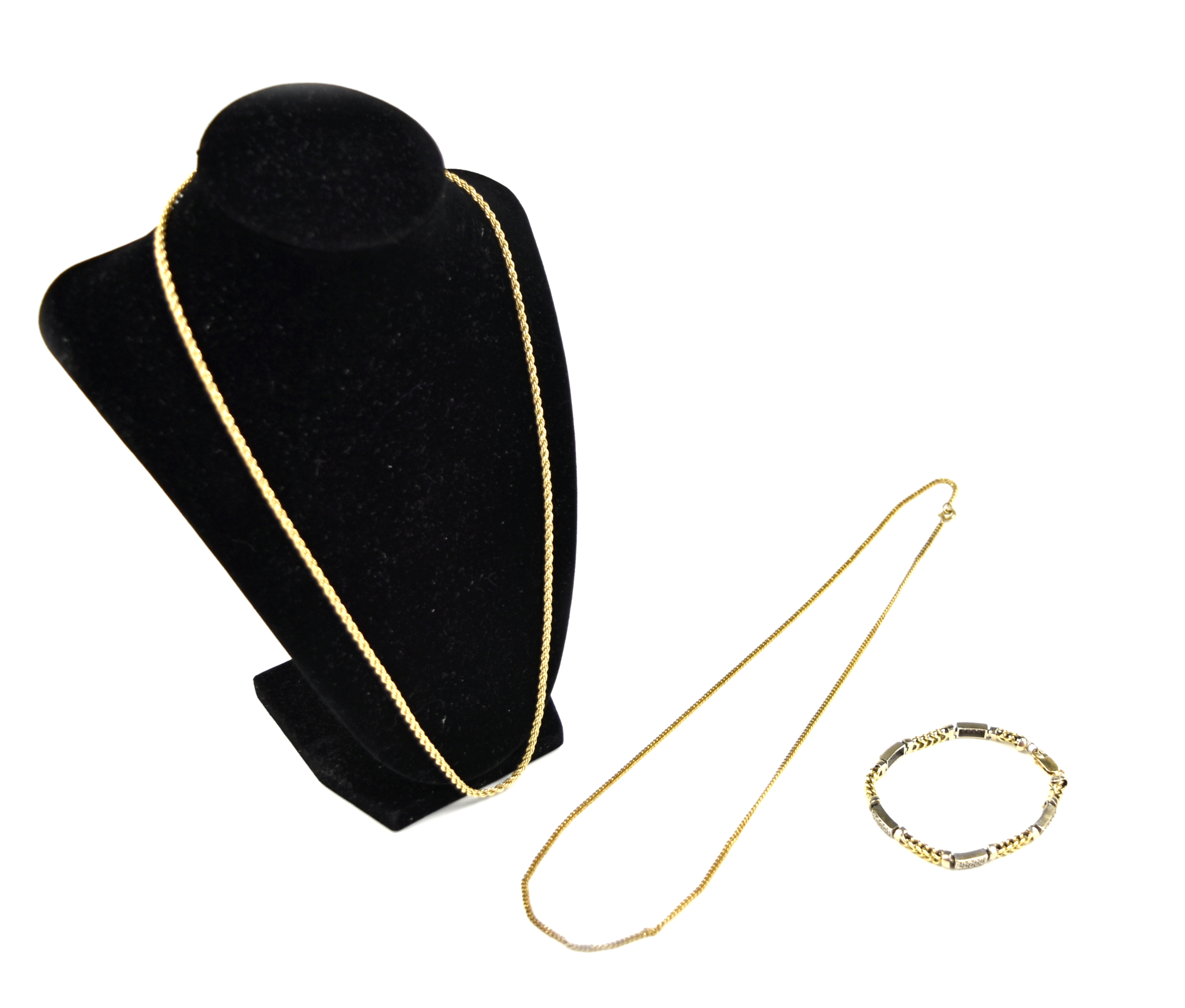 Appraisal: Two Yellow Gold Chain Necklaces One Bracelet wth diamonds D