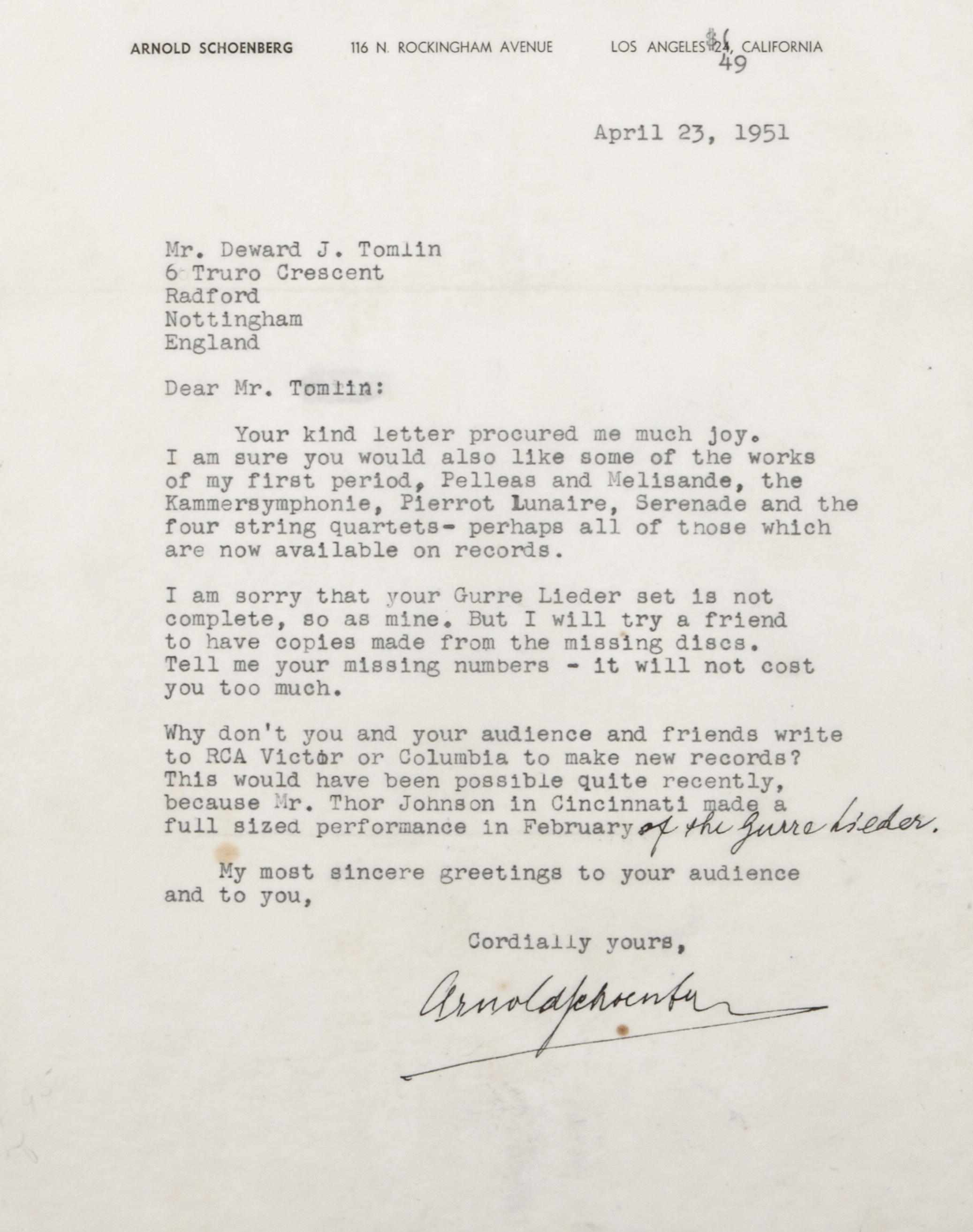 Appraisal: SCHOENBERG ARNOLD - Typed Letter Signed ''Arnold Schoenburg'' p to