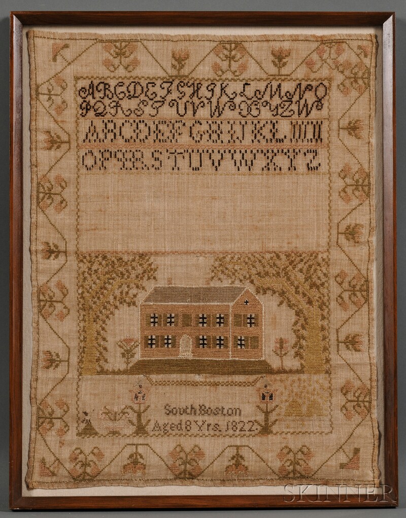 Appraisal: South Boston Needlework Sampler dated worked in silk threads on