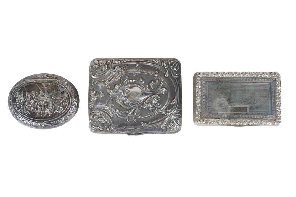 Appraisal: THREE CONTINENTAL SILVER SNUFF BOXEScomprising one marked for Vienna Austria-Hungary