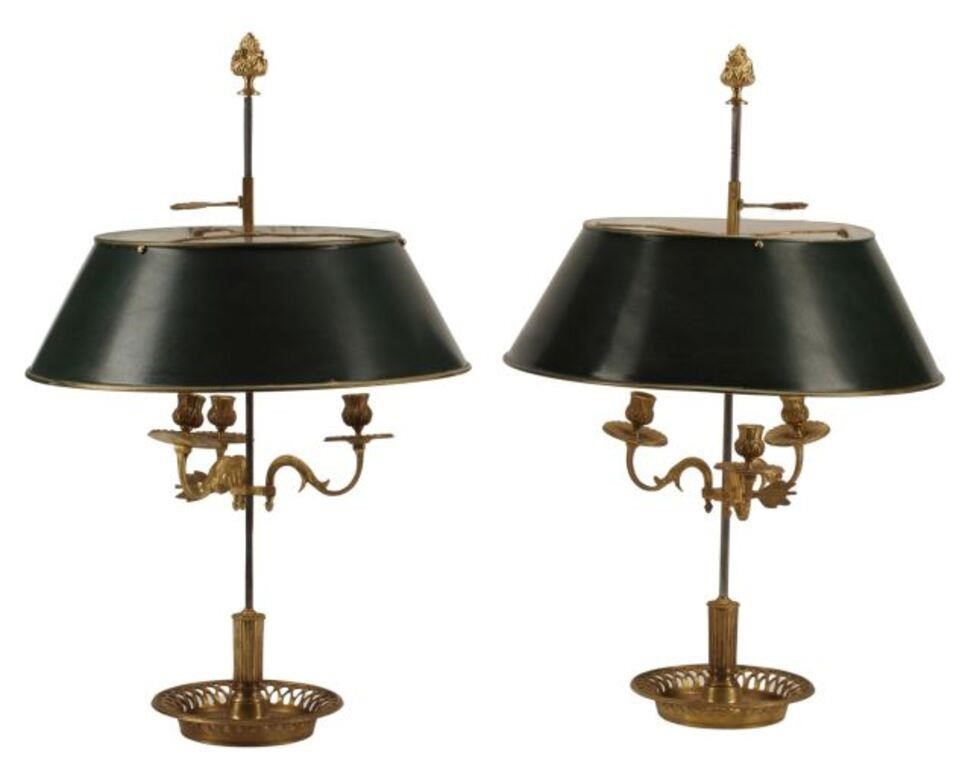 Appraisal: pair French bronze dore bouillotte three-light candle lamps with tole