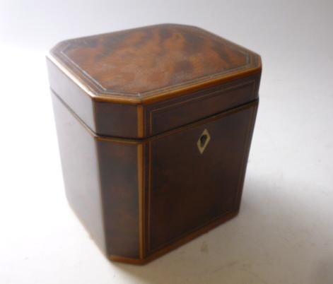 Appraisal: A GEORGE III YEW TEA CADDY c of canted oblong