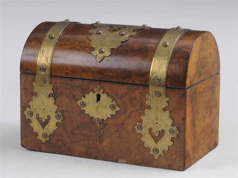 Appraisal: VICTORIAN BRASS-MOUNTED BURL WALNUT STATIONERY BOX Dome hinged top with