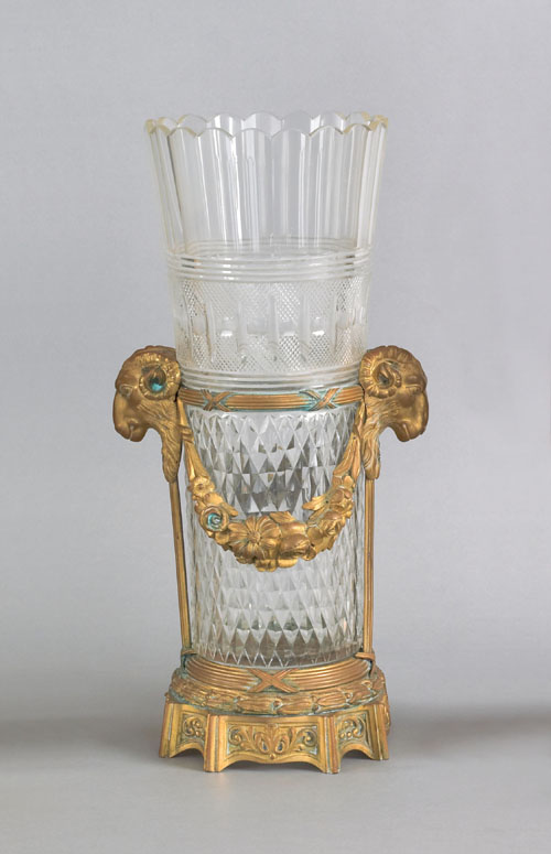 Appraisal: Ormolu mounted cut glass vase ca with rams head handles