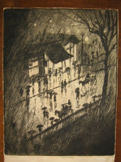 Appraisal: JOSEPH PENNELL Rainy Night Charing Cross Shops Etching on cream