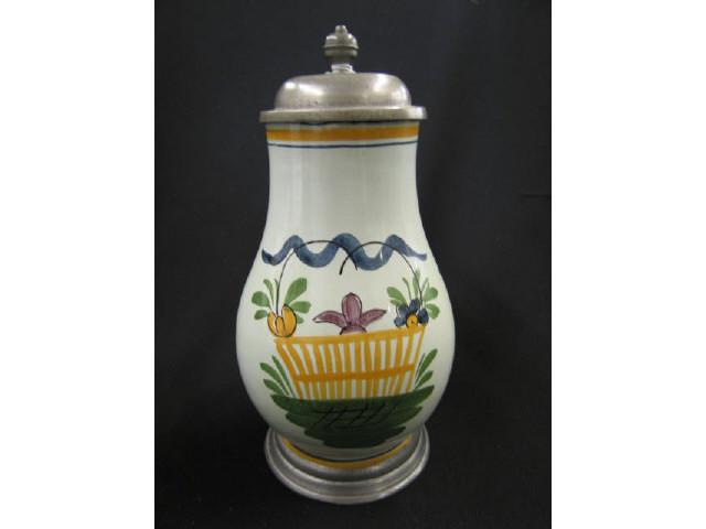 Appraisal: Art Pottery Stein handpainted floral pewter lid base excellent