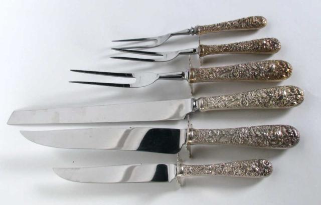 Appraisal: Three Kirk Sterling Repousse Carving Sets in graduated sizes