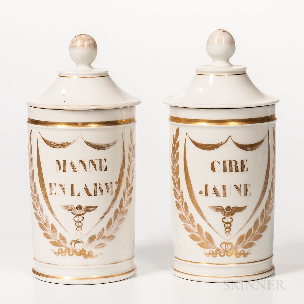 Appraisal: Pair of Gilt-decorated Porcelain Apothecary Jars with Lids Pair of