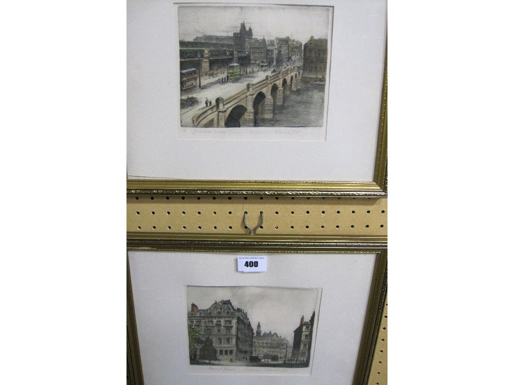 Appraisal: WALTER EDWIN LAW pair of hand tinted etchings 'Jamaica Bridge