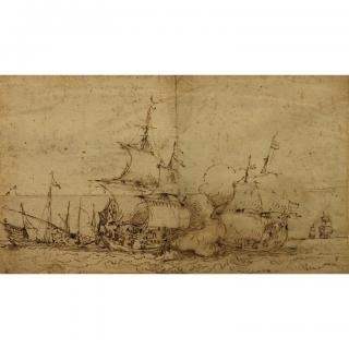 Appraisal: th C Marine Drawing of Barbary Coast Pirates and merchant