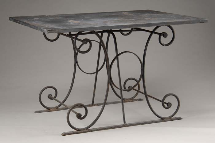 Appraisal: SLATE TOP IRON BASE BAKER S TABLE Base with scrolled