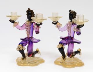 Appraisal: PAIR OF MURANO TWO LIGHT GLASS BLACKAMOOR CANDELABRAS Italian Each