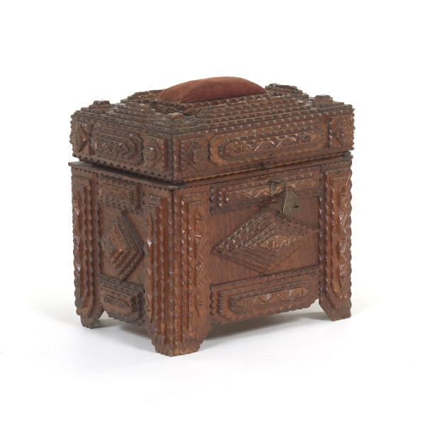 Appraisal: EARLY CARVED TRAMP ART SEWING BOX CA TH CENTURY x