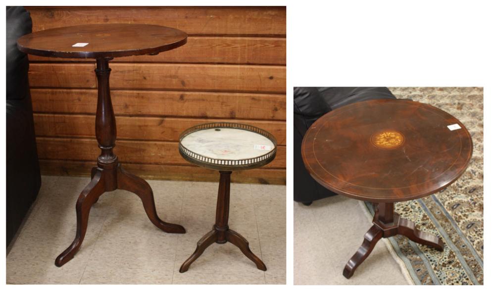 Appraisal: THREE ROUND TEA TABLES ON TRIPOD LEGS D inlaid mahogany