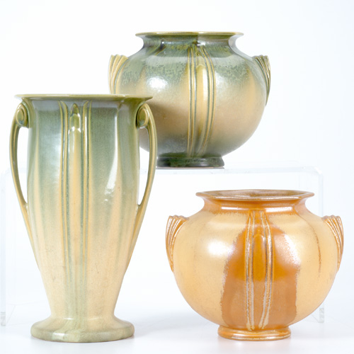 Appraisal: ROSEVILLE Three Russco vases two green repair to rim of