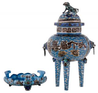 Appraisal: Blue and White Enameled Covered Censer with Stand Chinese late