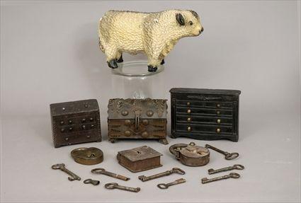 Appraisal: Fourteen Assorted Iron and Brass Locks Keys Boxes and Doorstops