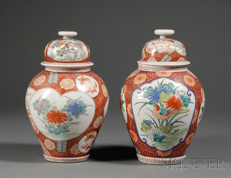 Appraisal: Pair of Porcelain Covered Jars Japan th century Kutani ware