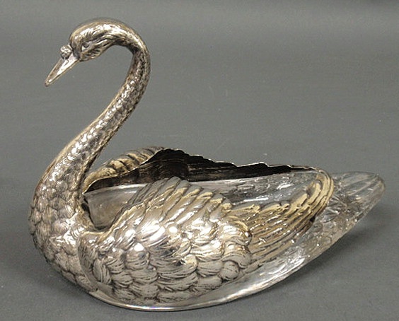 Appraisal: Sterling silver and molded glass swan dish h x l