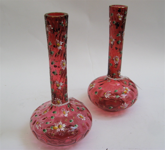 Appraisal: PAIR MOSER CRANBERRY BUD VASES having hand enameled white-leafed daisies