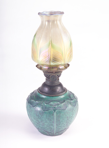 Appraisal: MERRIMAC TIFFANY Unusual small oil lamp with a Merrimac pottery