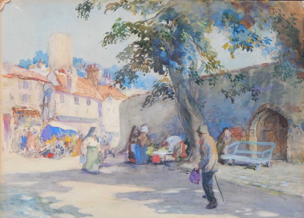 Appraisal: Bertram Prance - Market scene with figures watercolour cm x