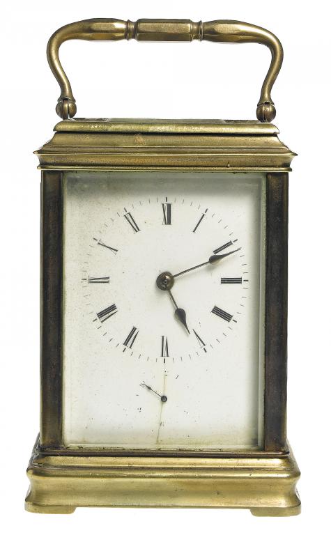 Appraisal: A FRENCH GILT BRASS CARRIAGE CLOCK with enamelled mask dial